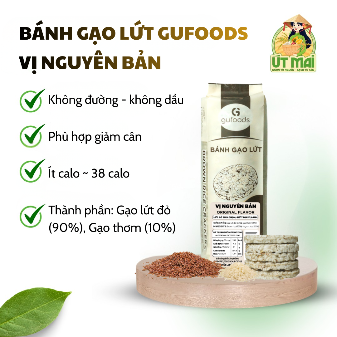 Bánh gạo lứt GUfoods vị Nguyên bản -  Không đường, Tập gym, Healthy, Ăn chay (170g)