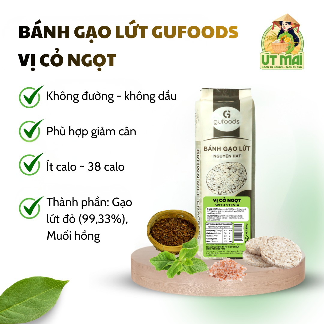 Bánh gạo lứt GUfoods vị Cỏ Ngọt - Không chiên dầu, Không đường, Eat clean, Gym, Healthy (170gr)