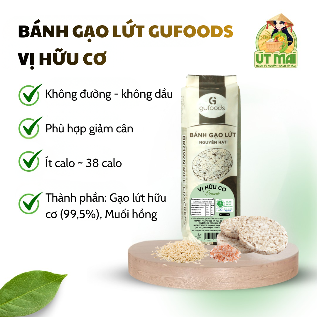 Bánh gạo lứt GUfoods Vị Hữu Cơ - Không chiên dầu, Không đường, Eat clean, Gym, Healthy (170gr)