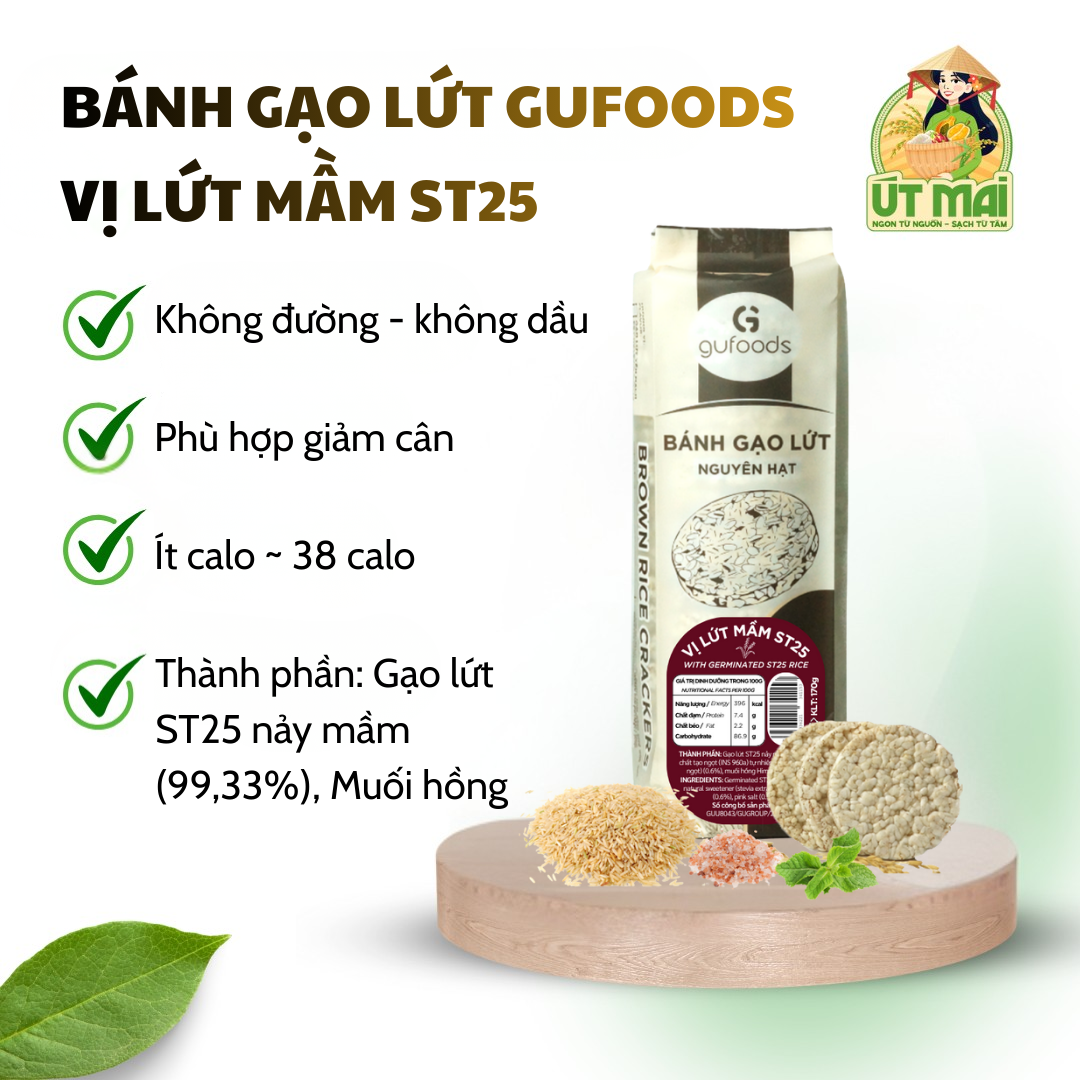 Bánh gạo lứt GUfoods Vị Lứt Mầm ST25 - Không chiên dầu, Không đường, Eat clean, Gym, Healthy (170gr)