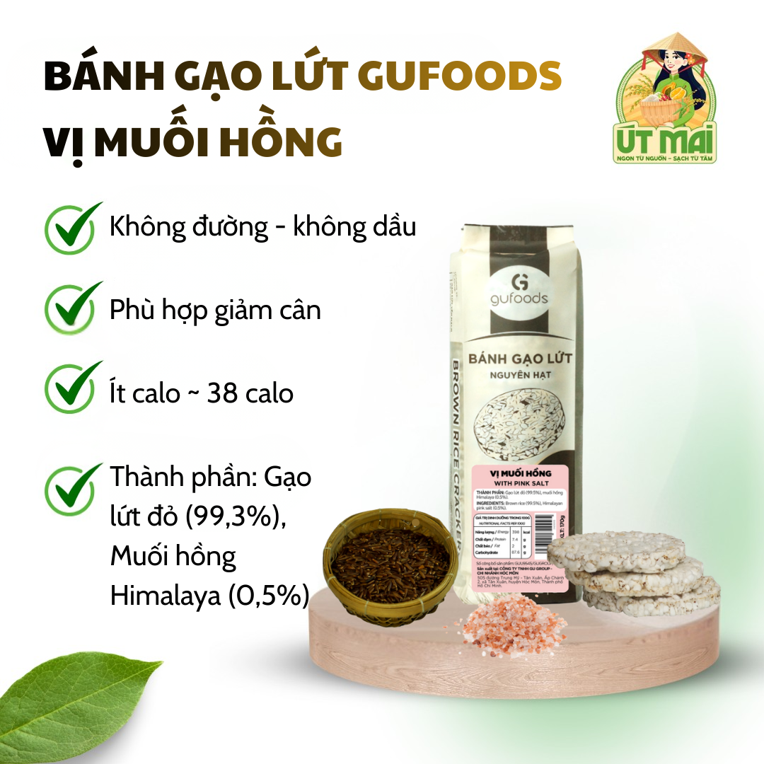Bánh gạo lứt GUfoods vị Muối Hồng -  Không đường, Tập gym, Healthy, Ăn chay (170g)