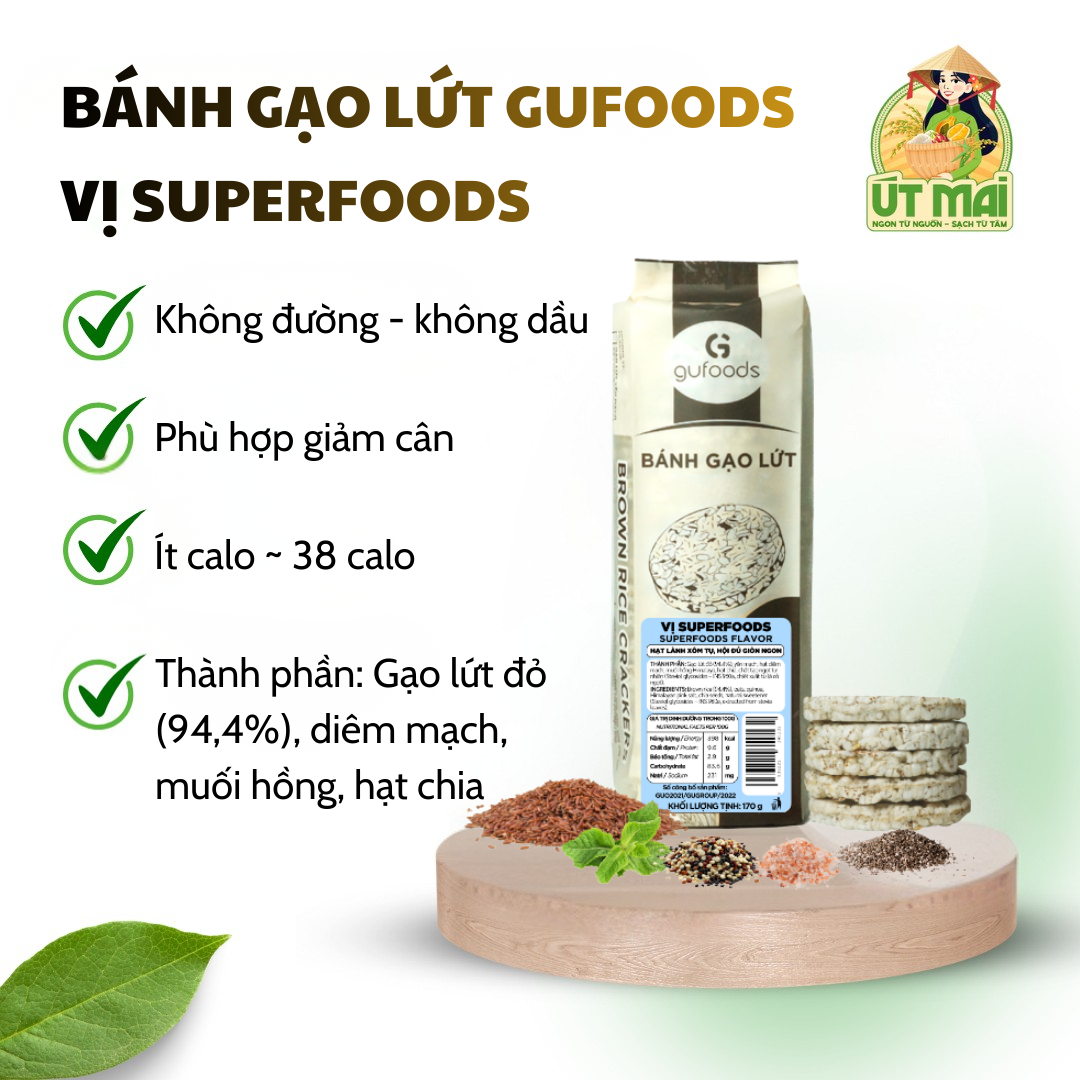 Bánh gạo lứt GUfoods vị Superfoods - Không đường, dầu, Eat clean, Healthy, Gym (170g)