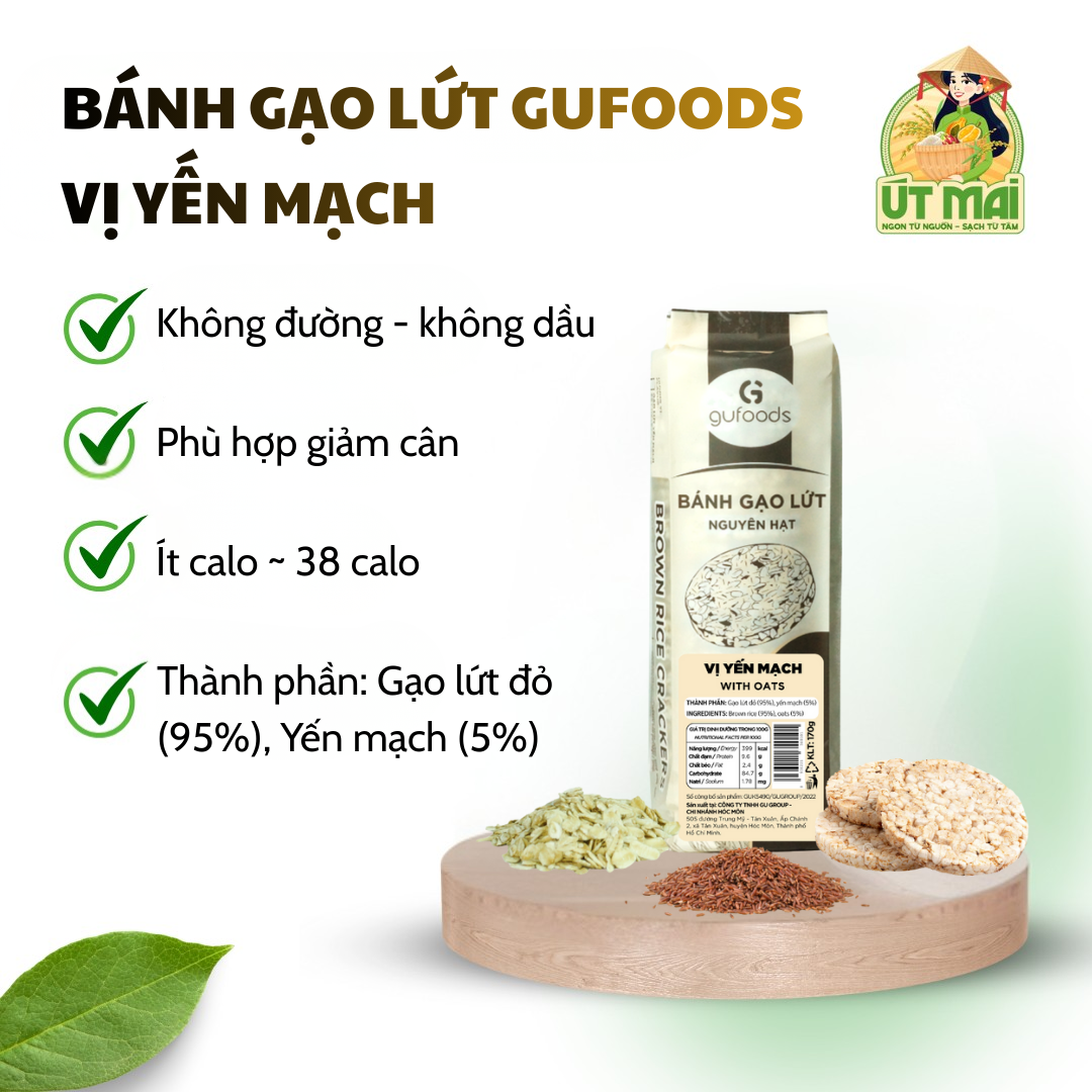 Bánh gạo lứt GUfoods vị Yến mạch - Không dầu, đường, Eatclean, Healthy, Tập gym(170g)