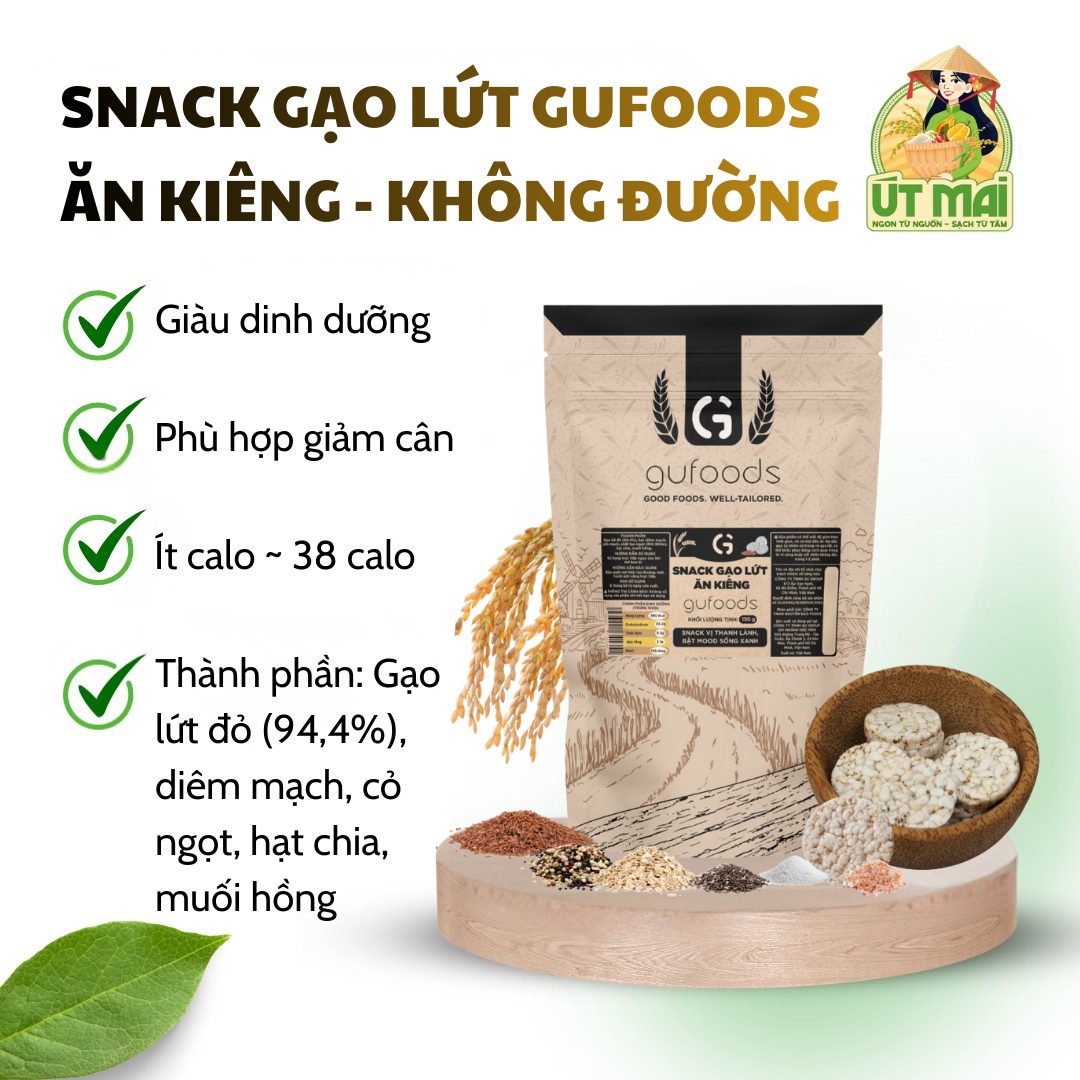 Snack gạo lứt ngũ cốc nguyên hạt GUfoods - Không đường, Eat clean (80g/150g)
