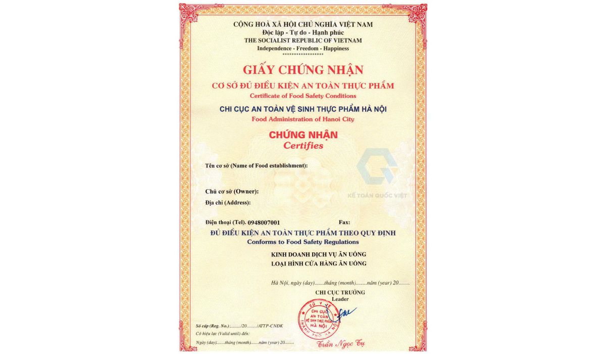 giấy chứng nhận an toan vệ sinh thực phẩm