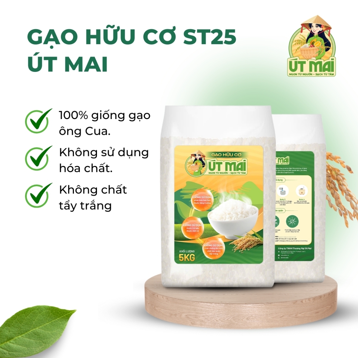 Gạo Hữu Cơ ST25 Út Mai, Dẻo Mềm Thơm 5Kg